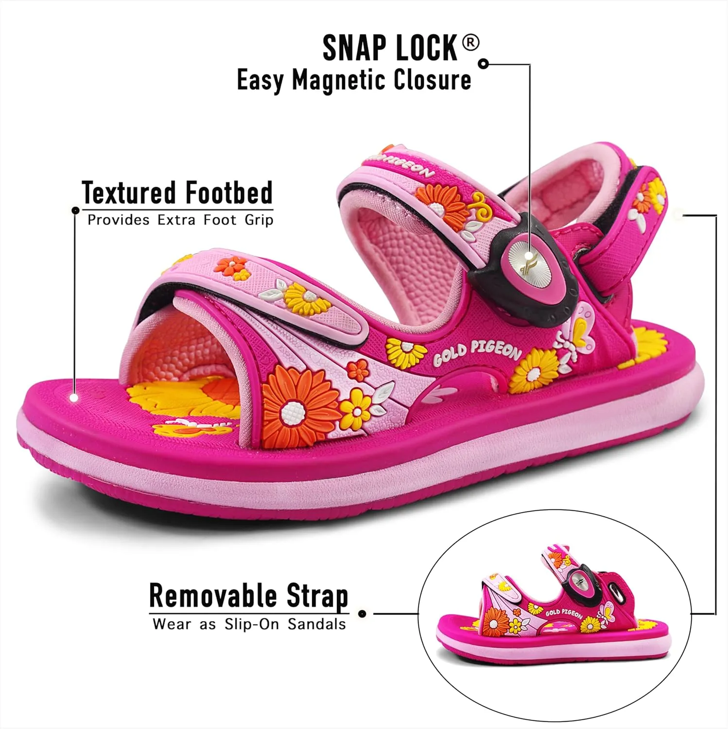 Gold Pigeon Shoes KIDS Easy Snap Lock Outdoor/Water Sandals & Slides. Adjustable Straps