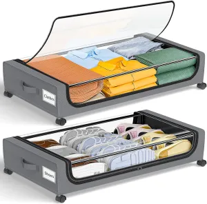 GoMaihe Under Bed Storage with Wheels: XXL Underbed Storage Containers with Lids - Rolling Bins for Shoes Clothes in Dorm Bedroom - Metal Drawers Easy Pull-out Grey 2-Pack