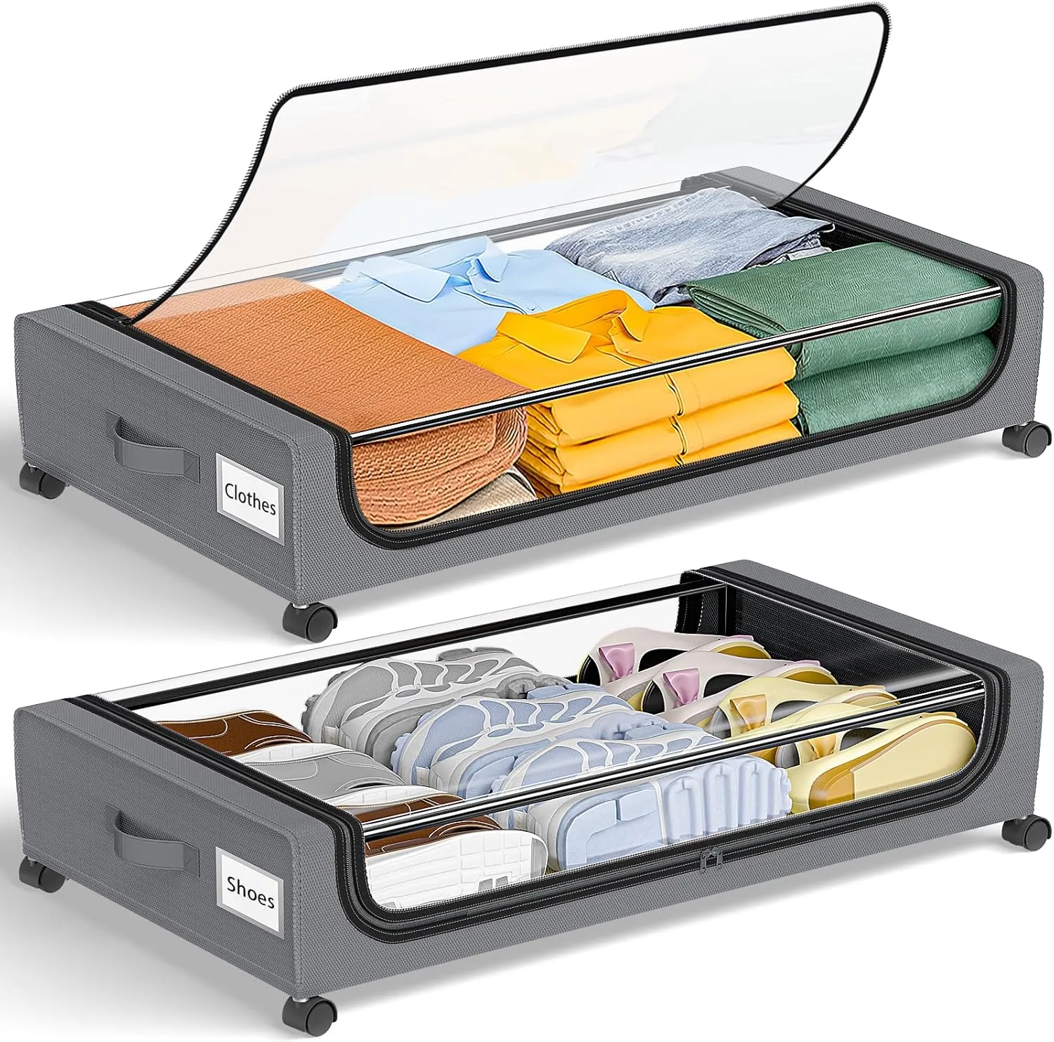 GoMaihe Under Bed Storage with Wheels: XXL Underbed Storage Containers with Lids - Rolling Bins for Shoes Clothes in Dorm Bedroom - Metal Drawers Easy Pull-out Grey 2-Pack