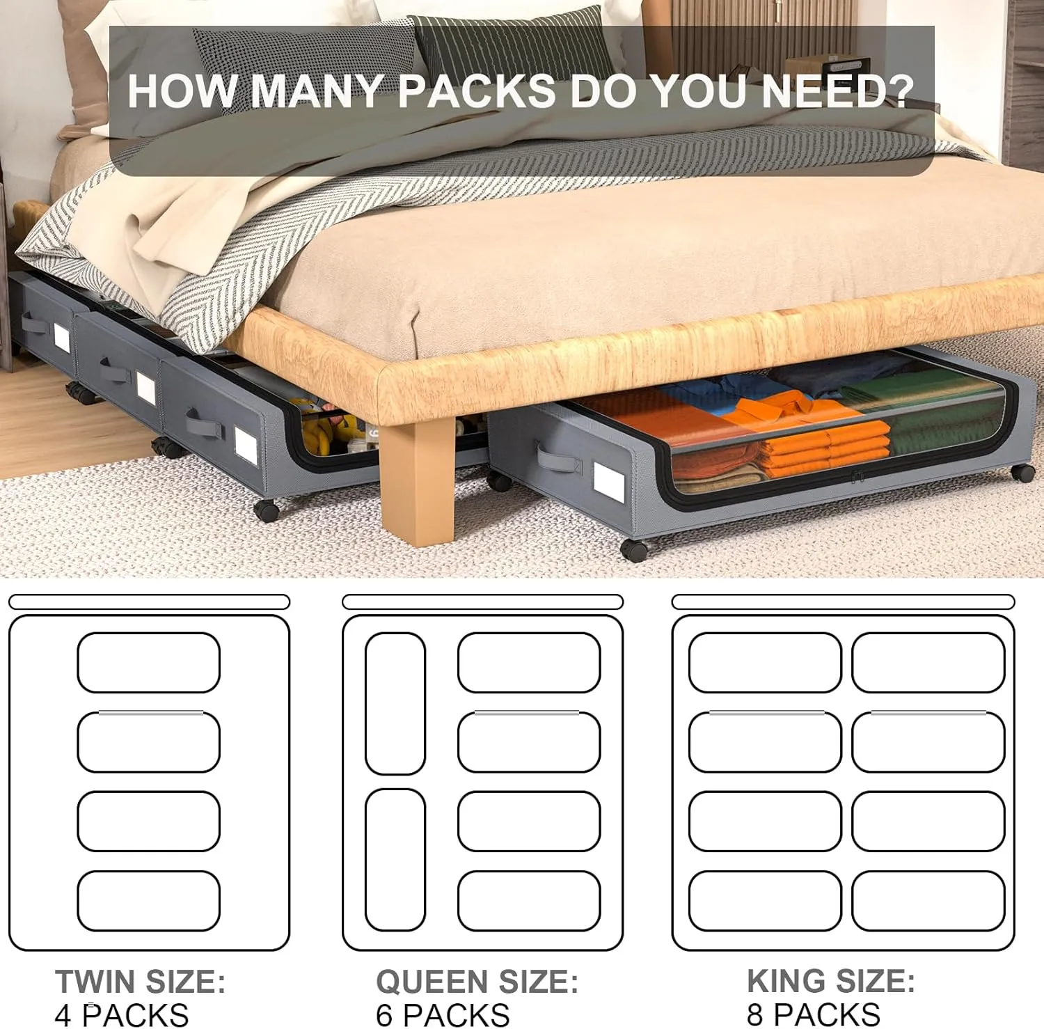 GoMaihe Under Bed Storage with Wheels: XXL Underbed Storage Containers with Lids - Rolling Bins for Shoes Clothes in Dorm Bedroom - Metal Drawers Easy Pull-out Grey 2-Pack