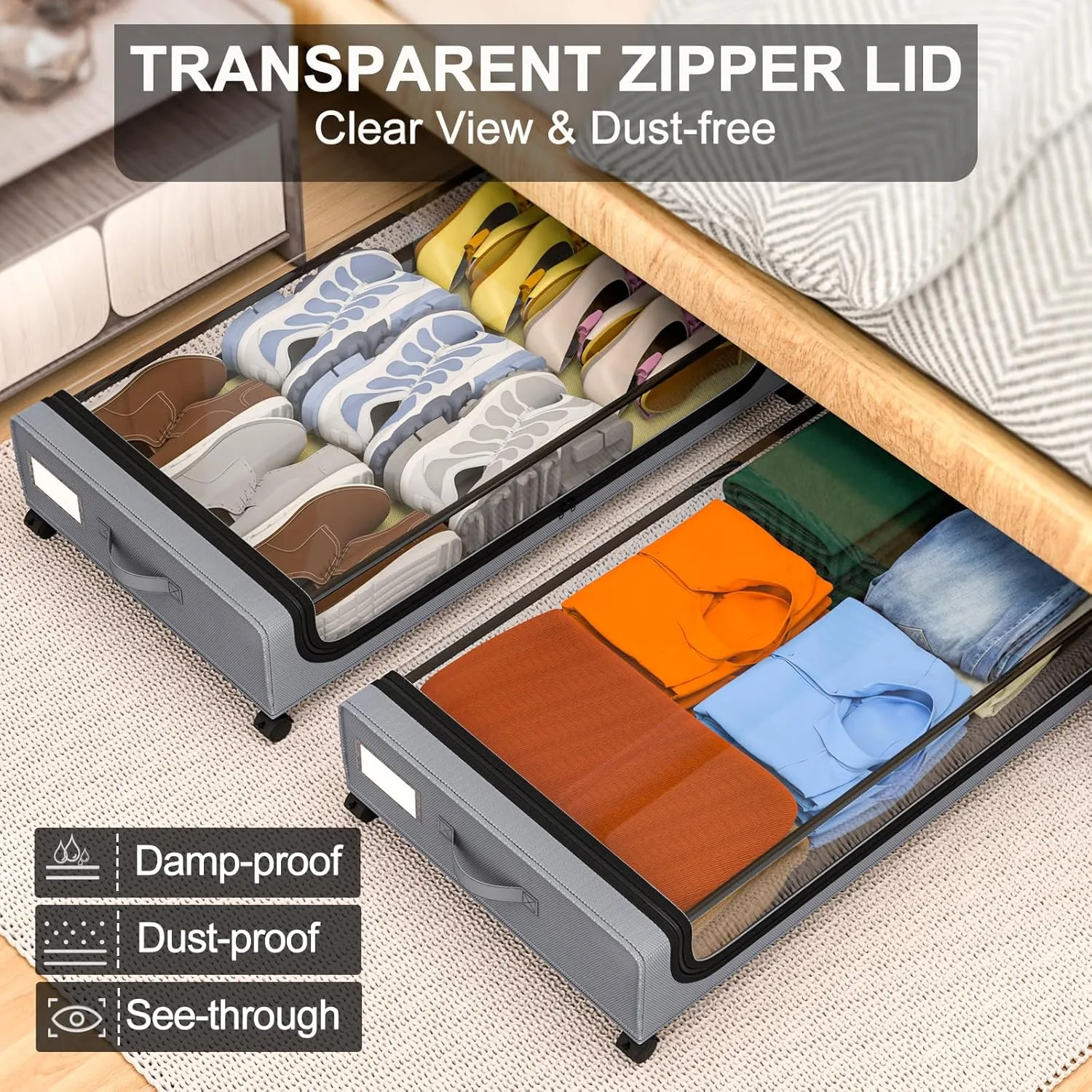 GoMaihe Under Bed Storage with Wheels: XXL Underbed Storage Containers with Lids - Rolling Bins for Shoes Clothes in Dorm Bedroom - Metal Drawers Easy Pull-out Grey 2-Pack