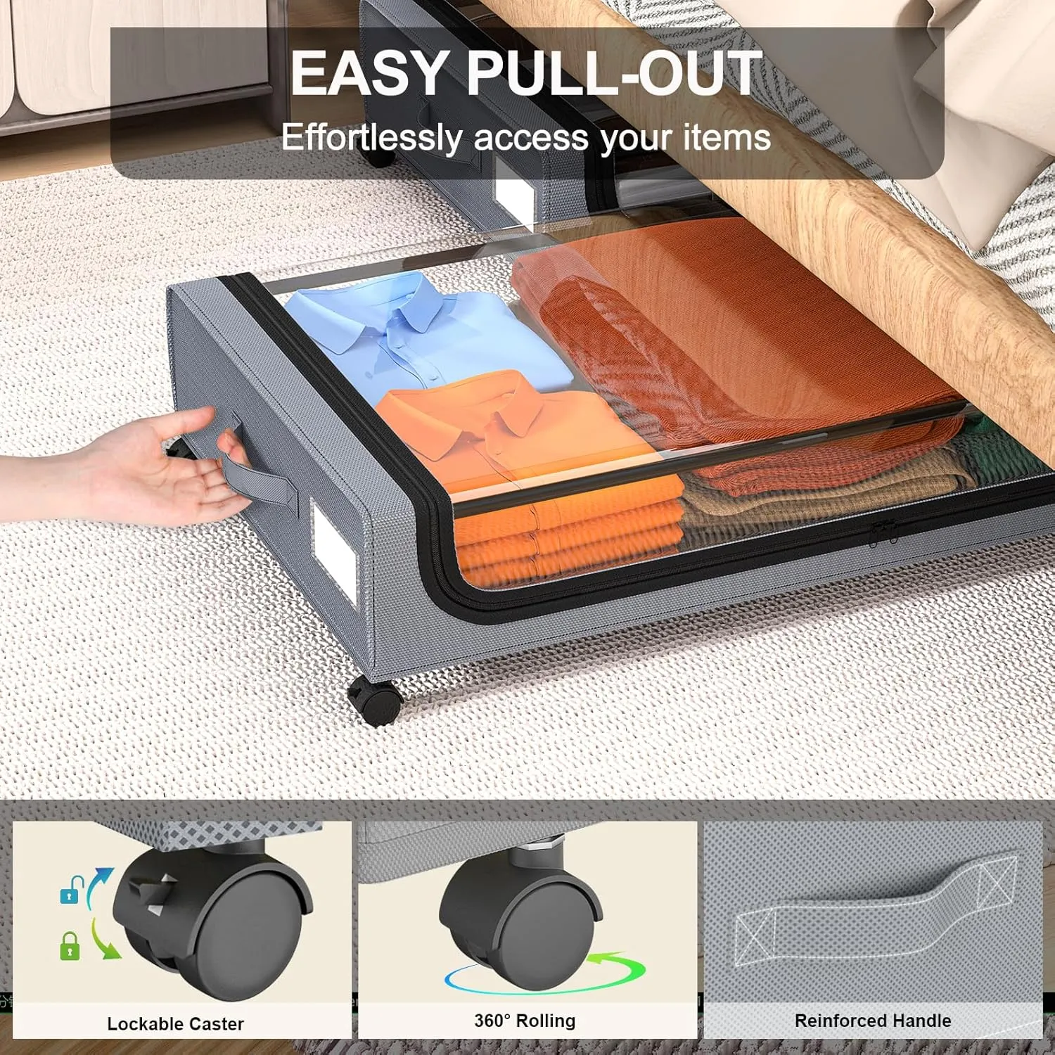 GoMaihe Under Bed Storage with Wheels: XXL Underbed Storage Containers with Lids - Rolling Bins for Shoes Clothes in Dorm Bedroom - Metal Drawers Easy Pull-out Grey 2-Pack