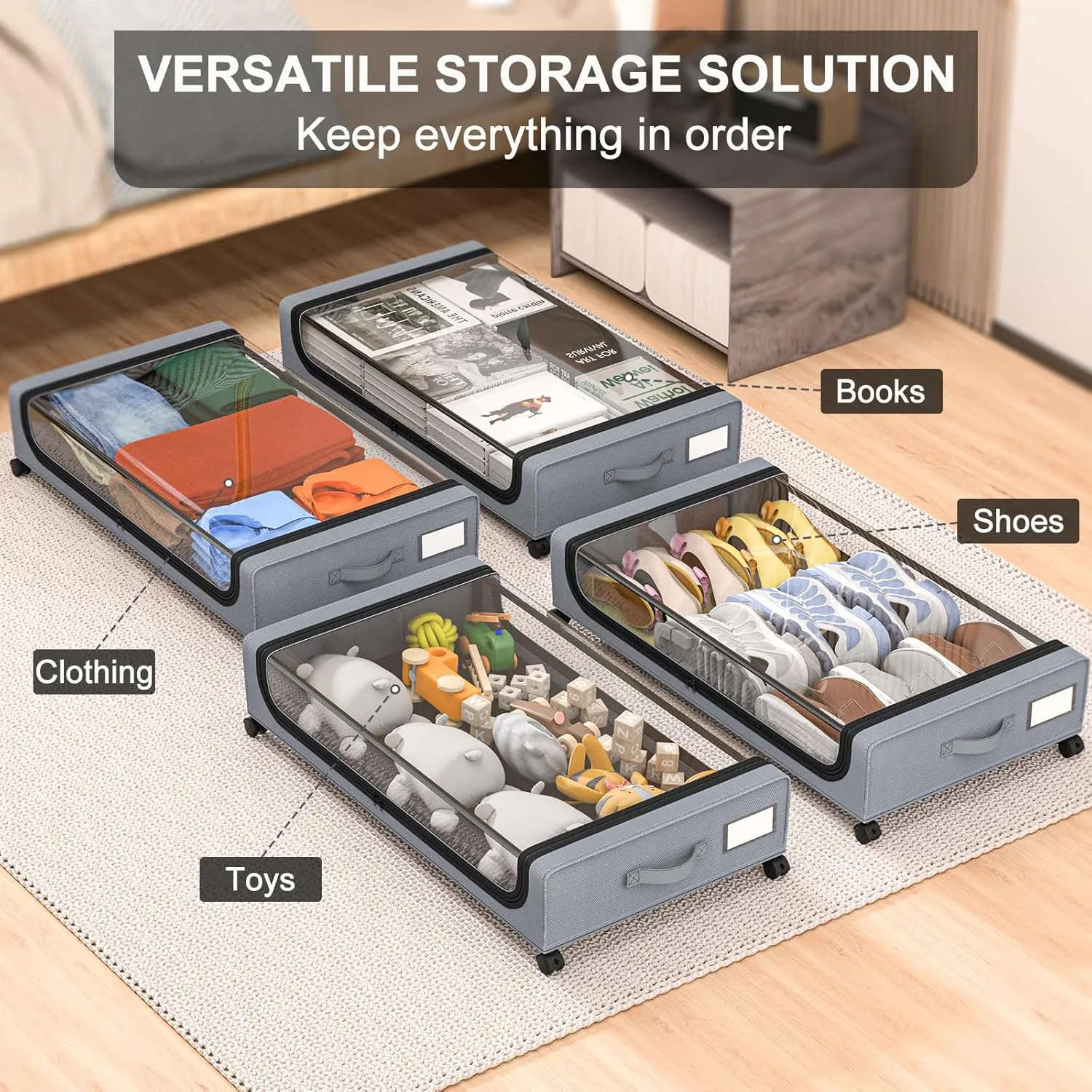 GoMaihe Under Bed Storage with Wheels: XXL Underbed Storage Containers with Lids - Rolling Bins for Shoes Clothes in Dorm Bedroom - Metal Drawers Easy Pull-out Grey 2-Pack