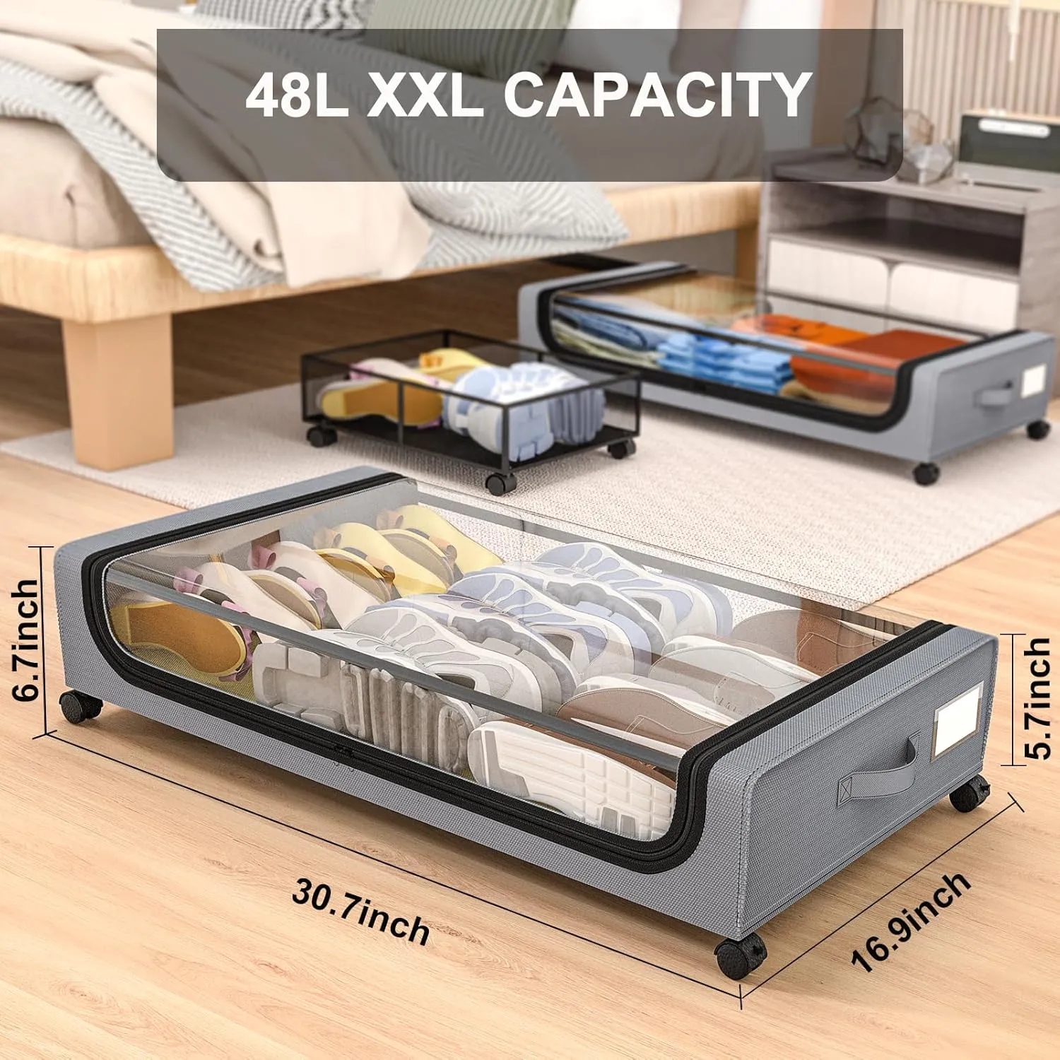 GoMaihe Under Bed Storage with Wheels: XXL Underbed Storage Containers with Lids - Rolling Bins for Shoes Clothes in Dorm Bedroom - Metal Drawers Easy Pull-out Grey 2-Pack