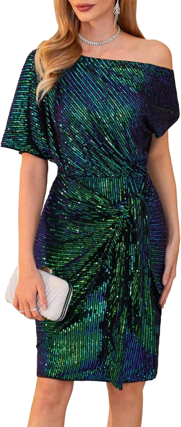 GRACE KARIN Women's Sequin Sparkly Glitter Party Club Dress One Shoulder Ruched Cocktail Bodycon Dress