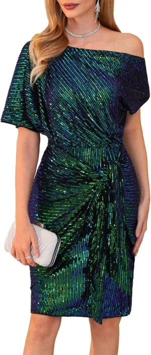 GRACE KARIN Women's Sequin Sparkly Glitter Party Club Dress One Shoulder Ruched Cocktail Bodycon Dress