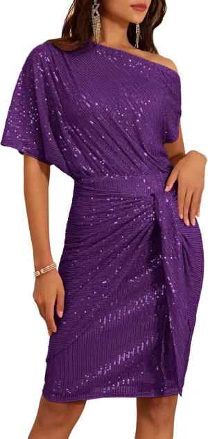 GRACE KARIN Women's Sequin Sparkly Glitter Party Club Dress One Shoulder Ruched Cocktail Bodycon Dress