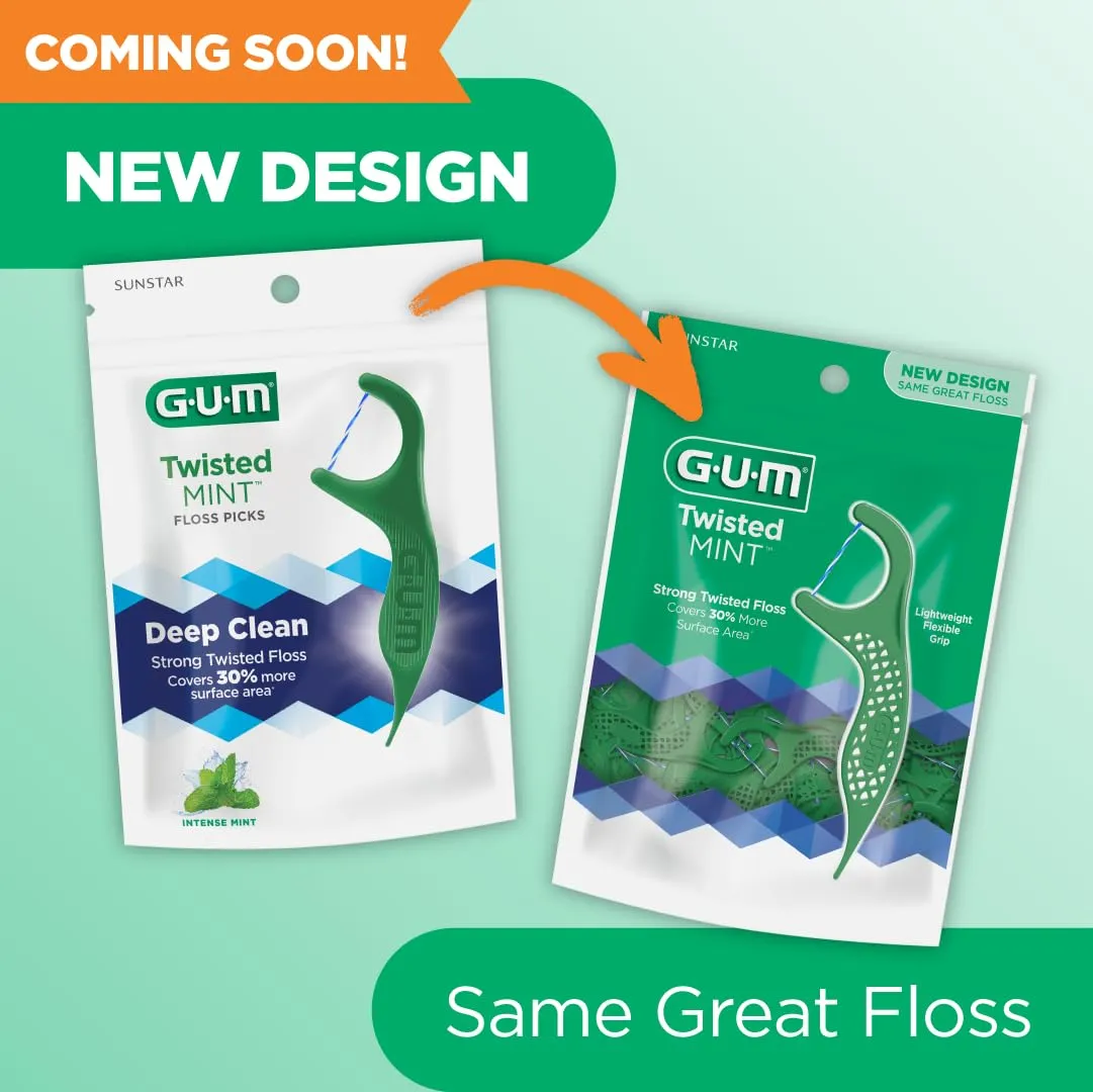 GUM Twisted Mint Floss Picks - Twisted Threads, Shred-Resistant Floss, Easy Grip Handle, 150 Count(Pack of 4)