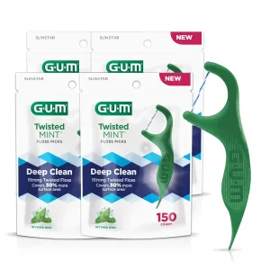 GUM Twisted Mint Floss Picks - Twisted Threads, Shred-Resistant Floss, Easy Grip Handle, 150 Count(Pack of 4)