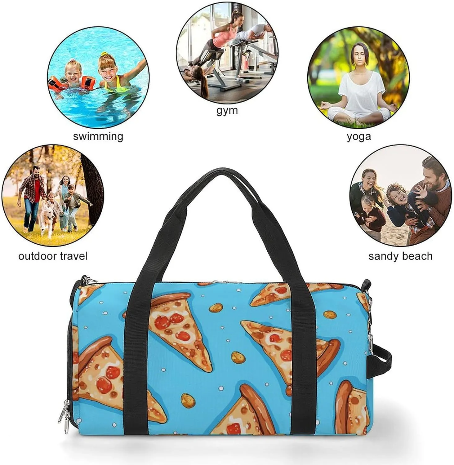 Gym Bag Light Blue Pizza Slice Duffel Bag for Men Women Overnight Bag with Shoe Compartment Workout Bags