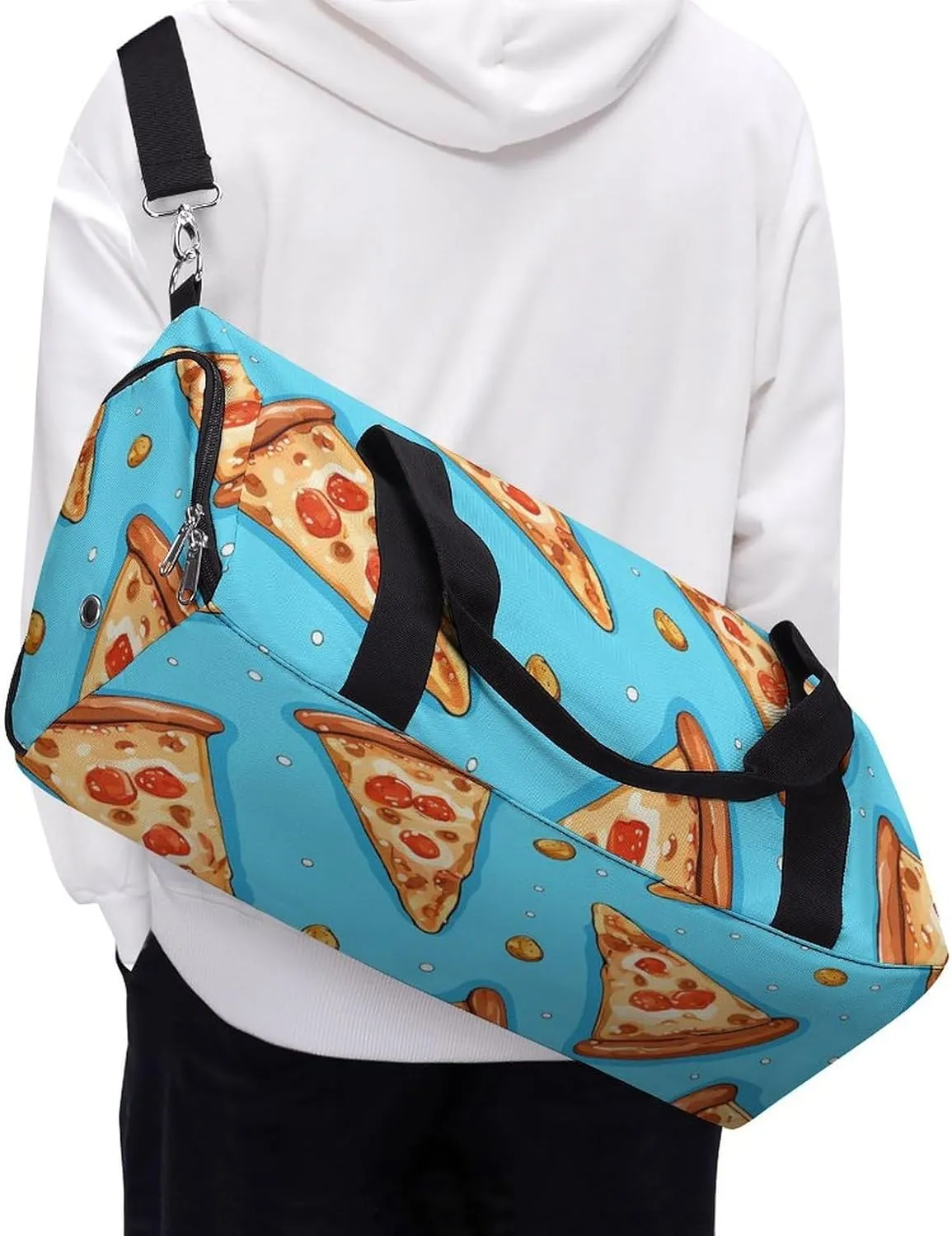 Gym Bag Light Blue Pizza Slice Duffel Bag for Men Women Overnight Bag with Shoe Compartment Workout Bags