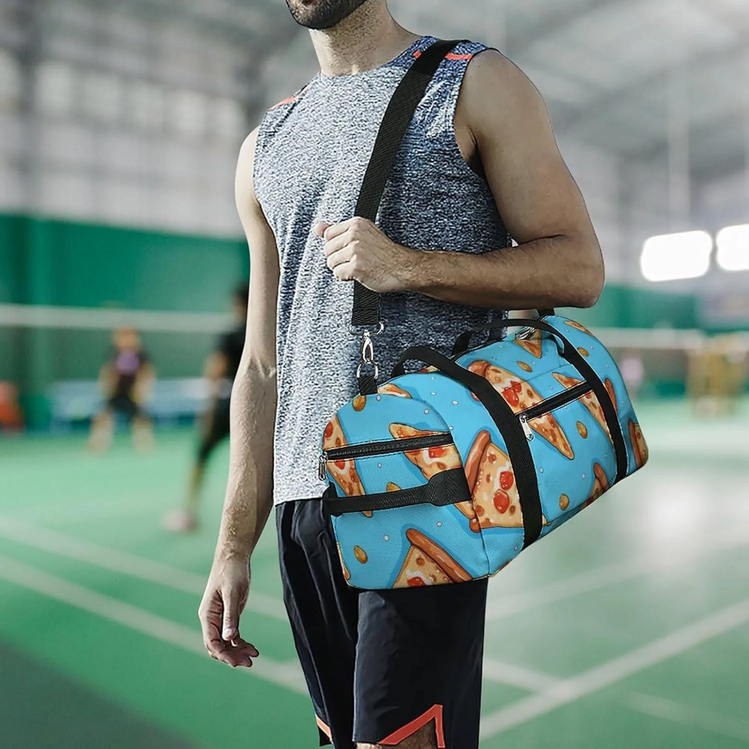 Gym Bag Light Blue Pizza Slice Duffel Bag for Men Women Overnight Bag with Shoe Compartment Workout Bags