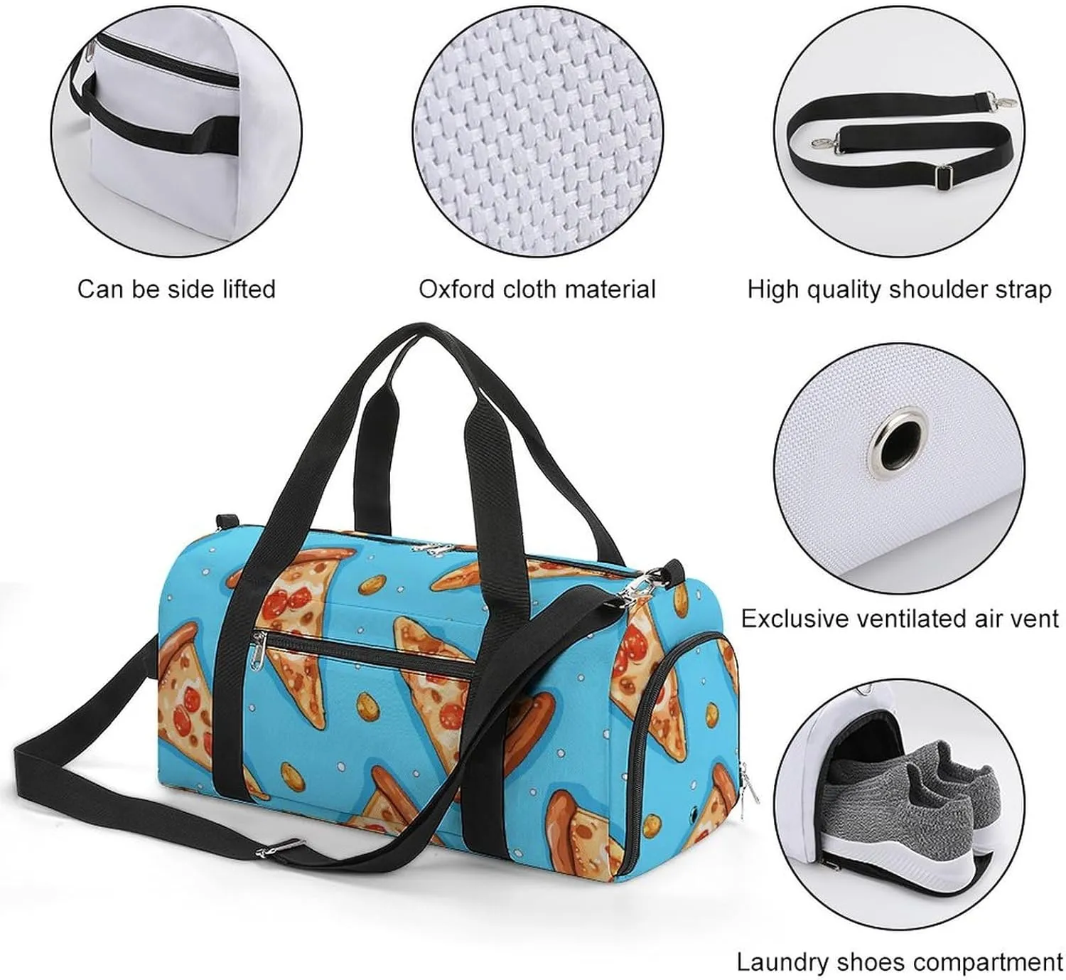 Gym Bag Light Blue Pizza Slice Duffel Bag for Men Women Overnight Bag with Shoe Compartment Workout Bags
