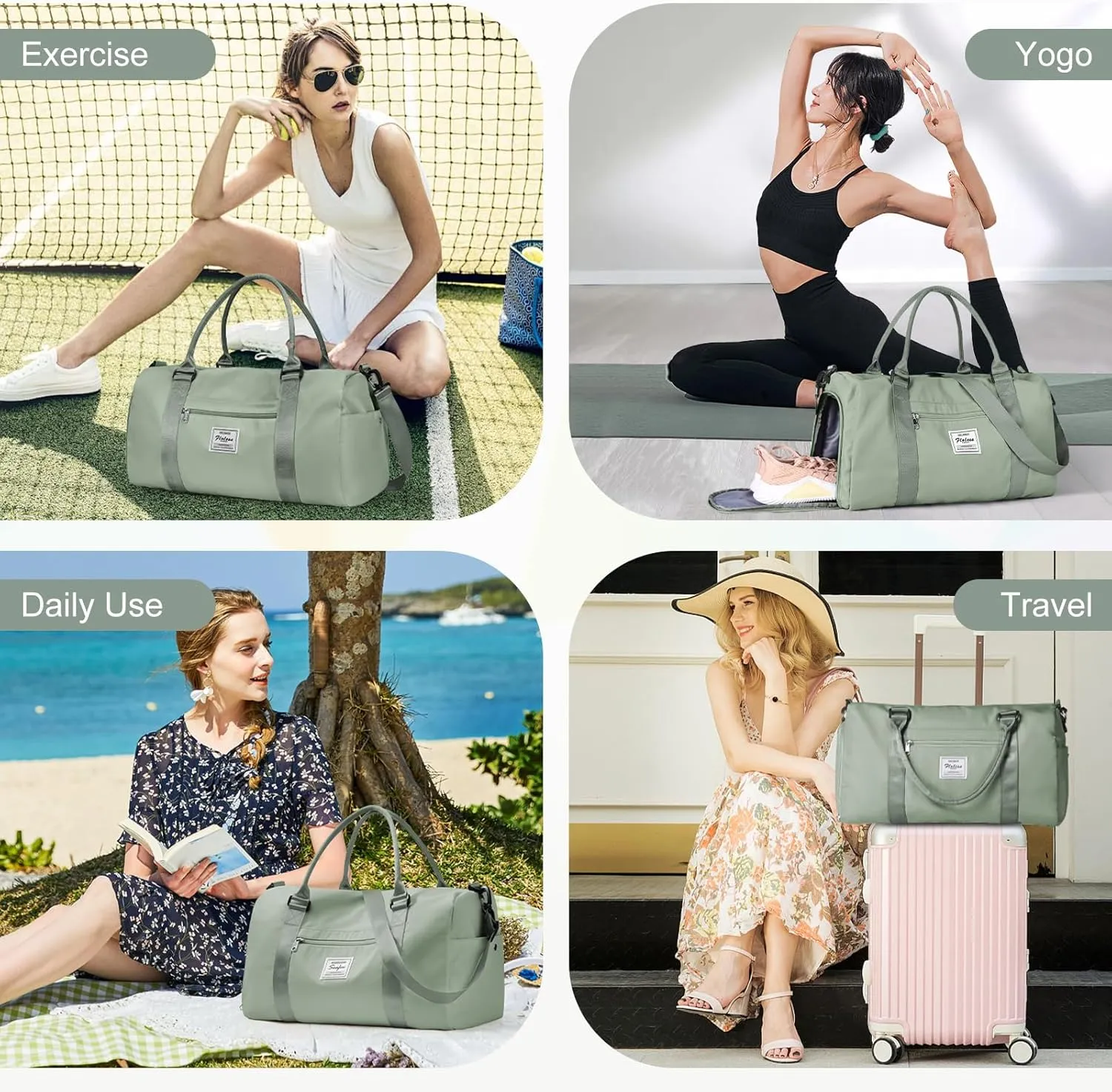 Gym Bags for Women Men with Shoes Compartment,Sports Duffle Bags Personal item travel Duffel Tote Bag Small Carry on Weekender Overnight Bag Workout Dance Bag Hospital Holdalls Grey Green