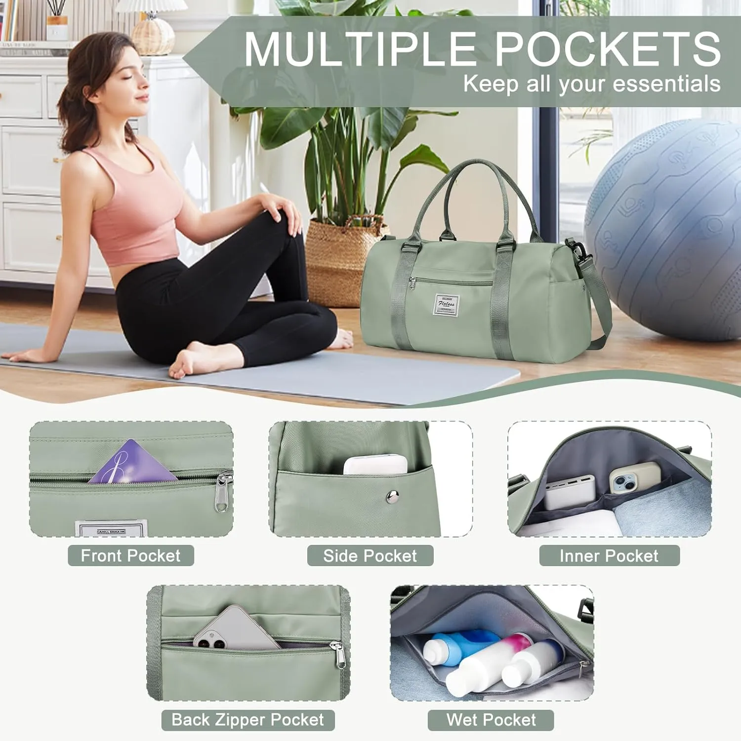 Gym Bags for Women Men with Shoes Compartment,Sports Duffle Bags Personal item travel Duffel Tote Bag Small Carry on Weekender Overnight Bag Workout Dance Bag Hospital Holdalls Grey Green