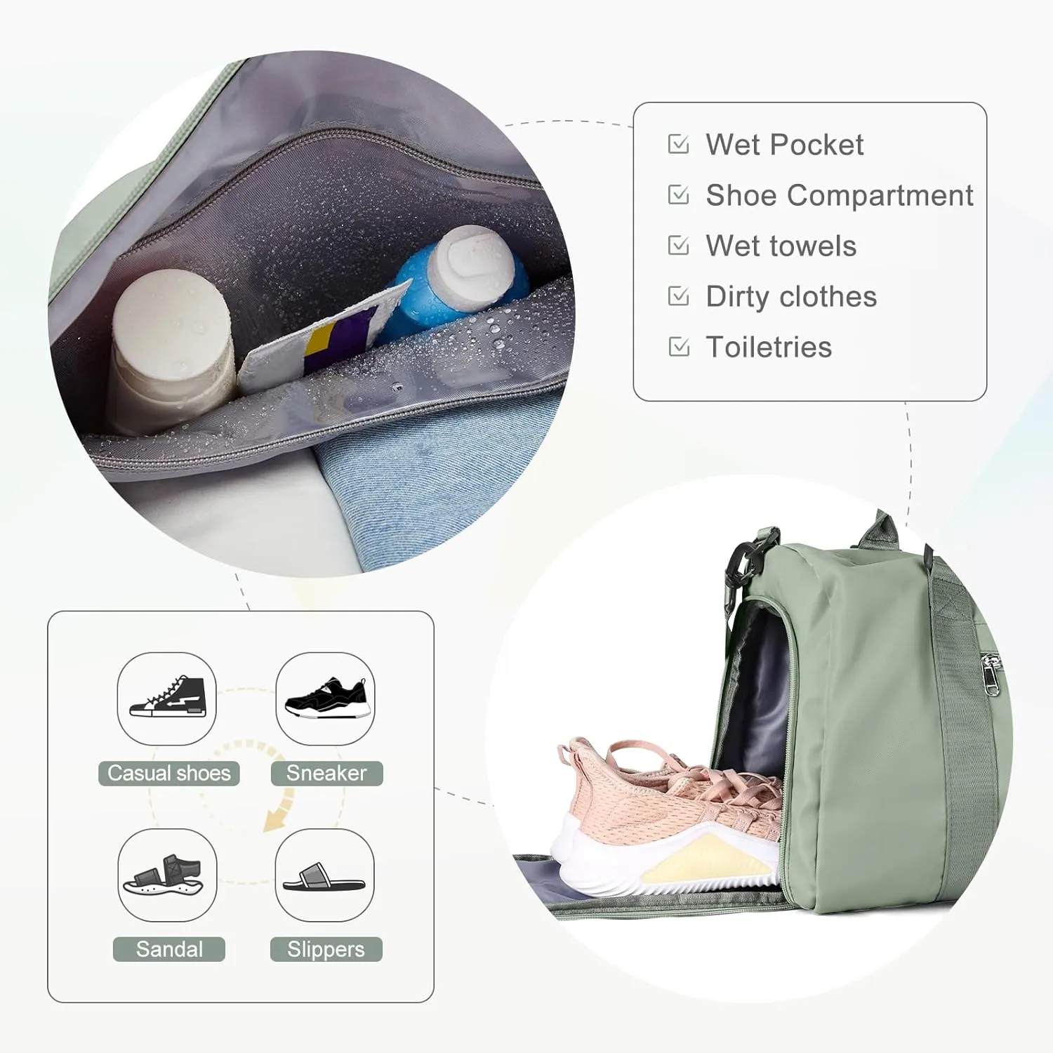 Gym Bags for Women Men with Shoes Compartment,Sports Duffle Bags Personal item travel Duffel Tote Bag Small Carry on Weekender Overnight Bag Workout Dance Bag Hospital Holdalls Grey Green