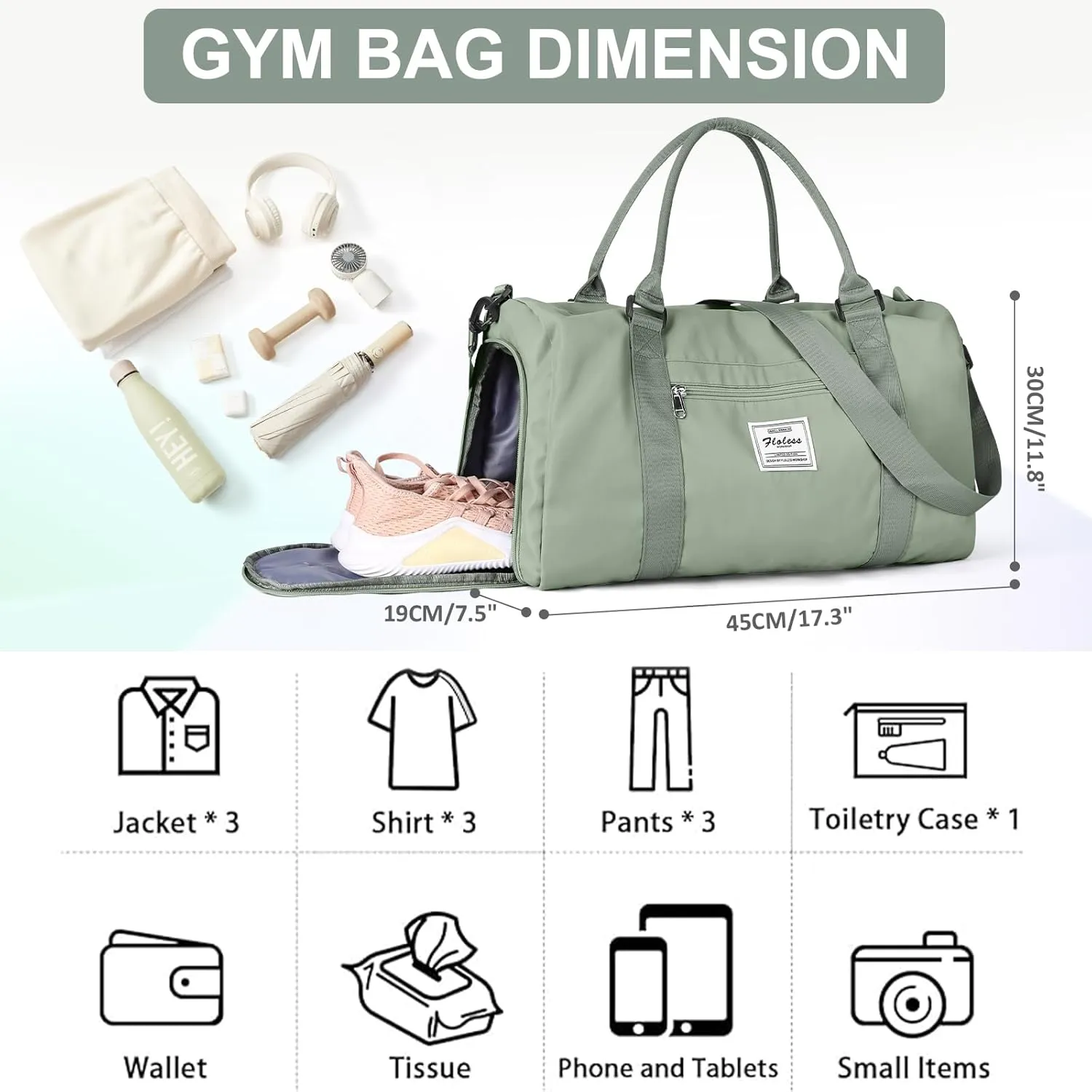 Gym Bags for Women Men with Shoes Compartment,Sports Duffle Bags Personal item travel Duffel Tote Bag Small Carry on Weekender Overnight Bag Workout Dance Bag Hospital Holdalls Grey Green