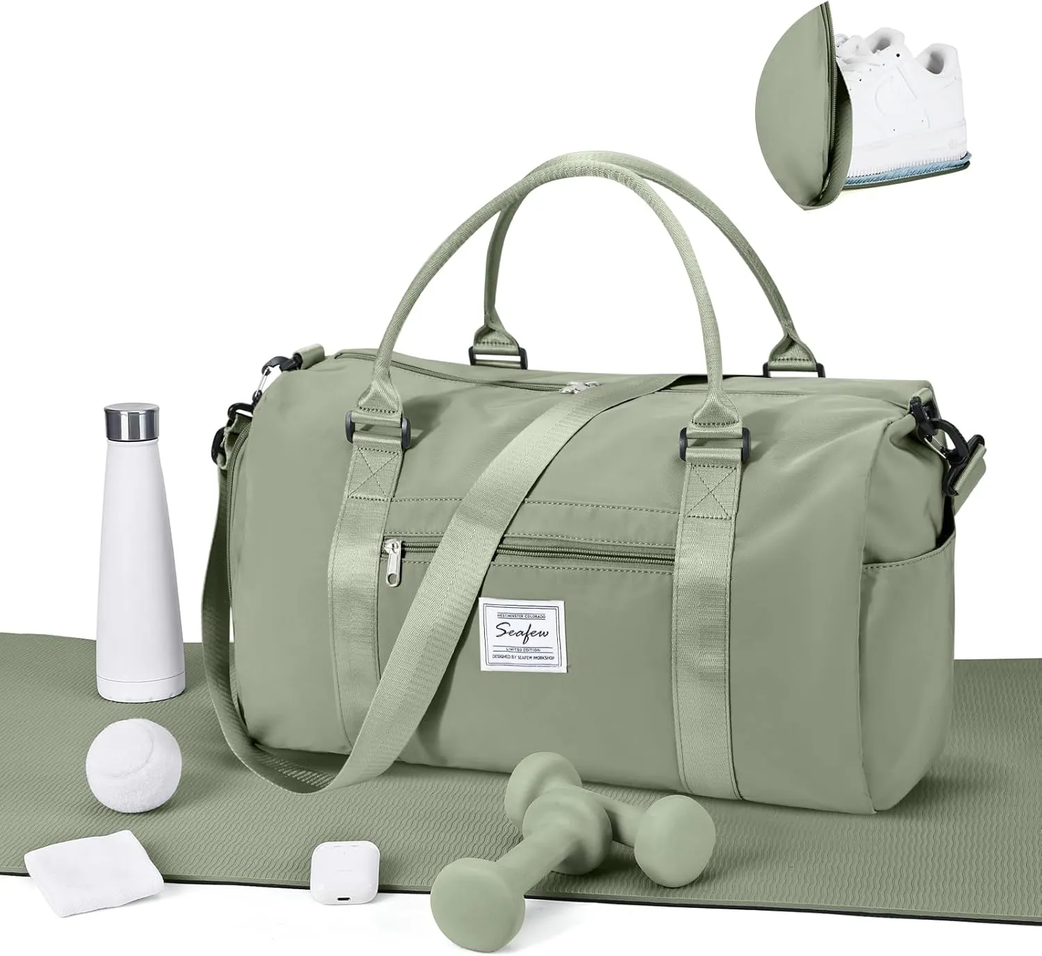 Gym Bags for Women Men with Shoes Compartment,Sports Duffle Bags Personal item travel Duffel Tote Bag Small Carry on Weekender Overnight Bag Workout Dance Bag Hospital Holdalls Grey Green