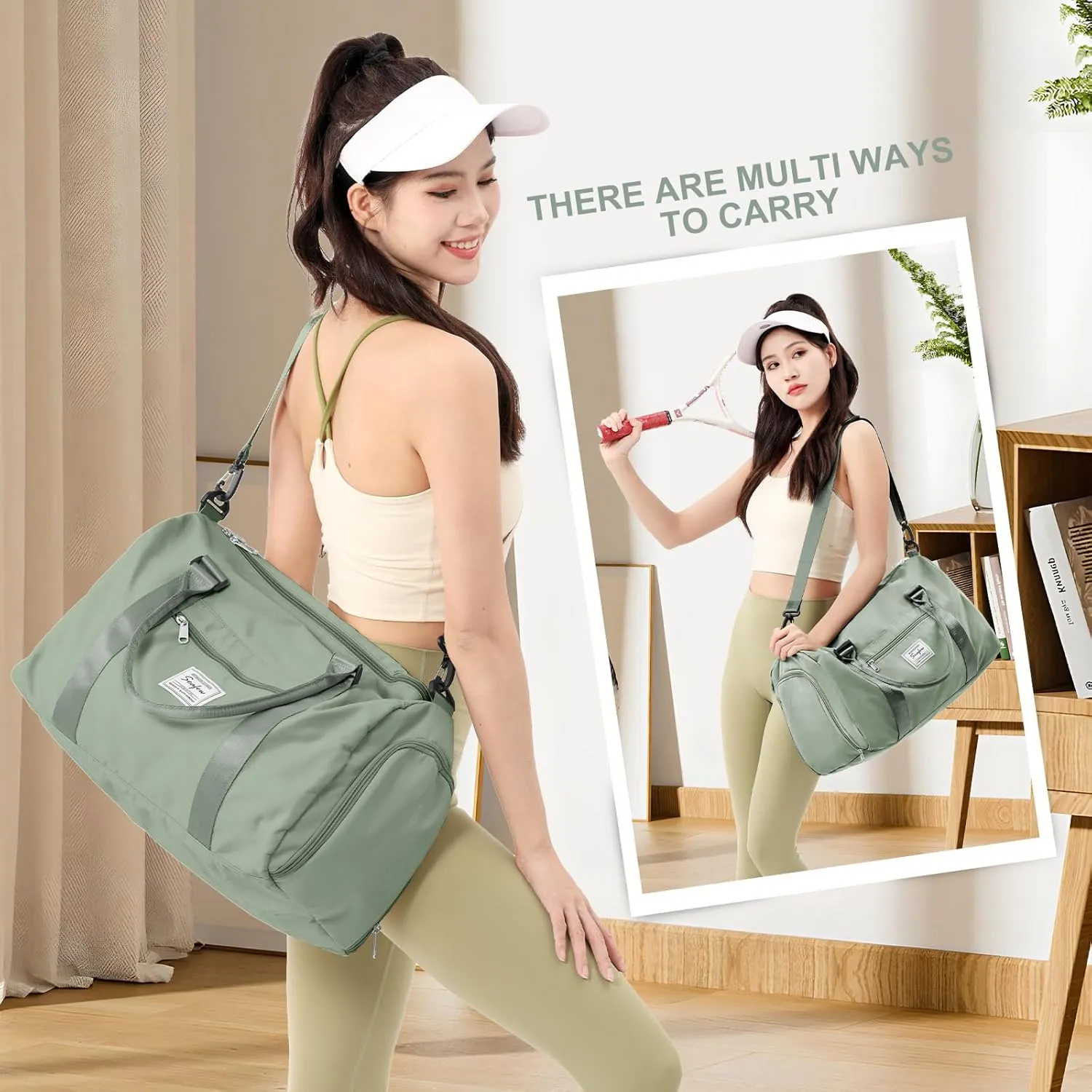 Gym Bags for Women Men with Shoes Compartment,Sports Duffle Bags Personal item travel Duffel Tote Bag Small Carry on Weekender Overnight Bag Workout Dance Bag Hospital Holdalls Grey Green