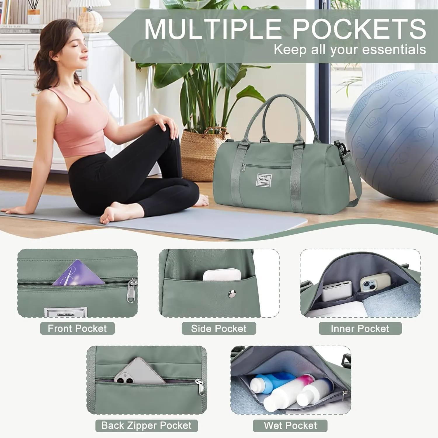 Gym Bagsfor Women Men with Shoes Compartment,Sports Duffle Bag Personal item travel Duffel Bags Tote Bags Small Carry on Weekender Overnight Bags Workout Dance Bag Hospital Holdalls Dark Green