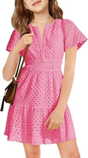 Haloumoning Girls Summer Dresses Kids V Neck A Line Hollow Out Party Mini Dress for 5-14 Years
