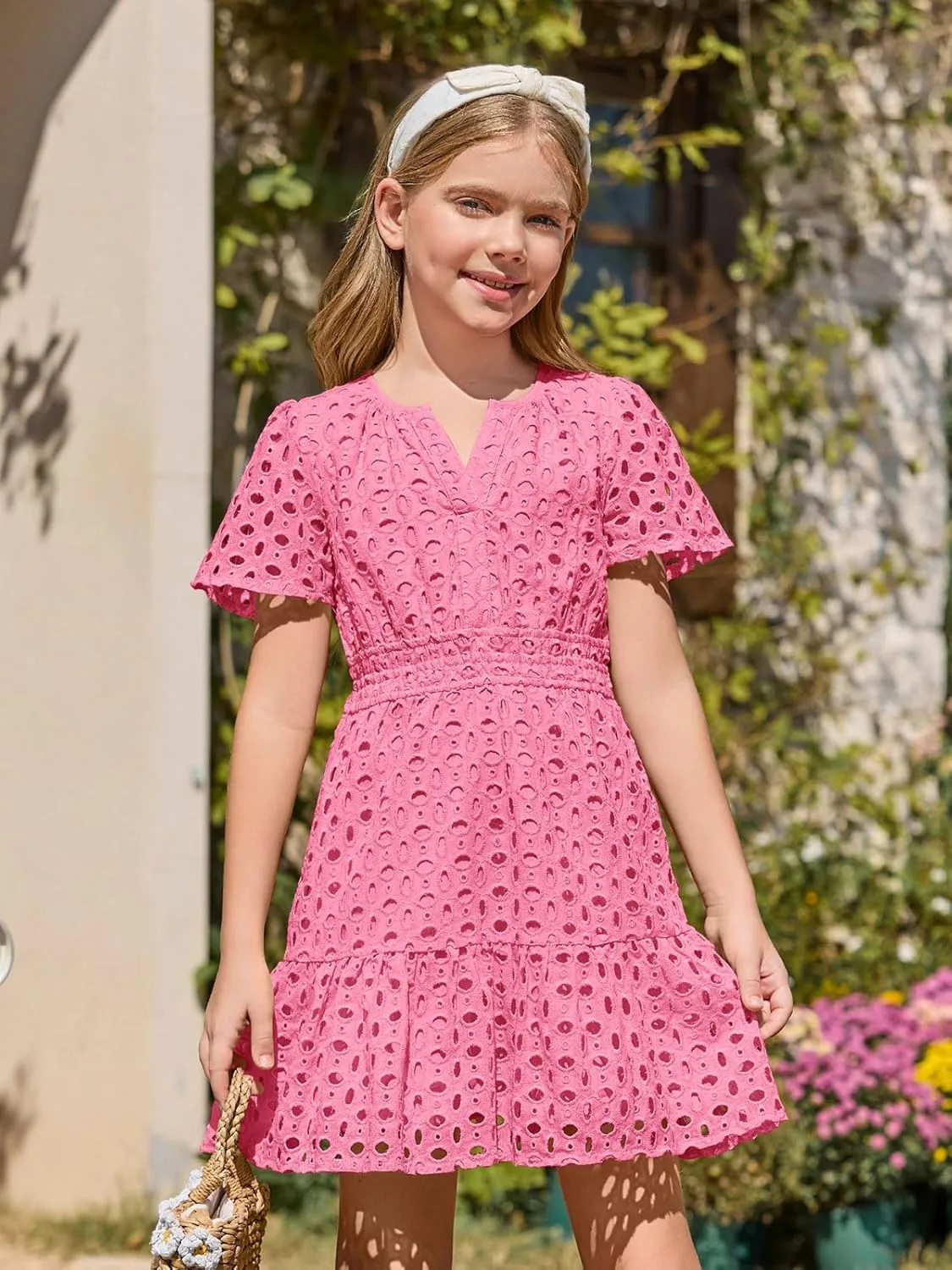 Haloumoning Girls Summer Dresses Kids V Neck A Line Hollow Out Party Mini Dress for 5-14 Years