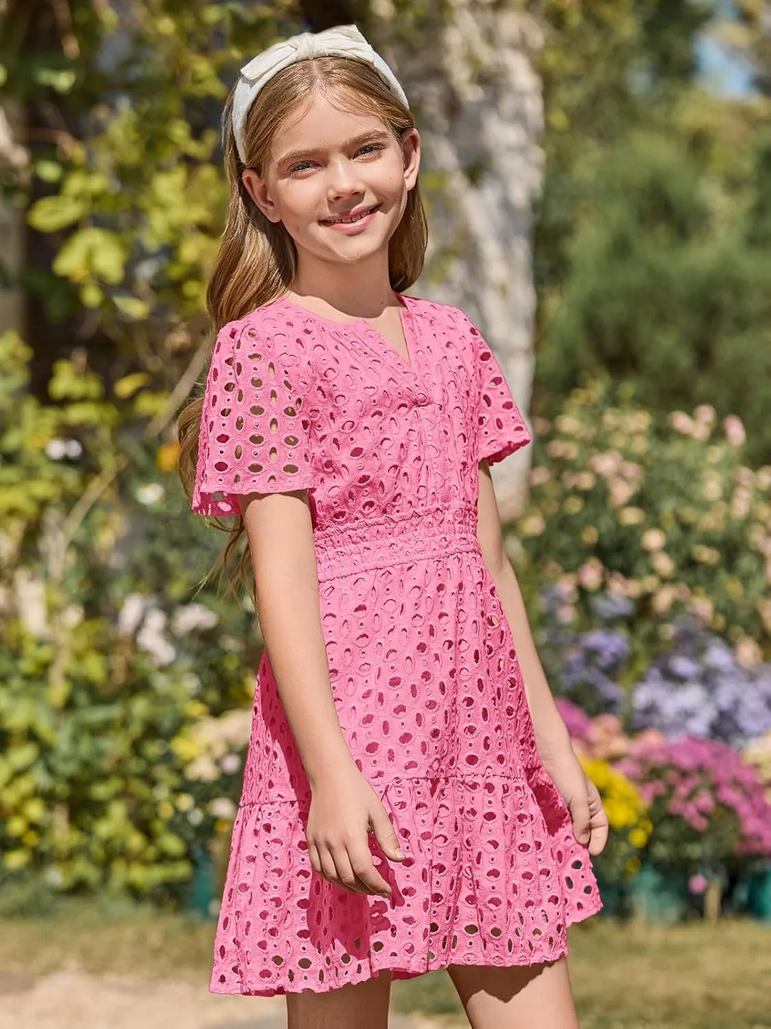 Haloumoning Girls Summer Dresses Kids V Neck A Line Hollow Out Party Mini Dress for 5-14 Years