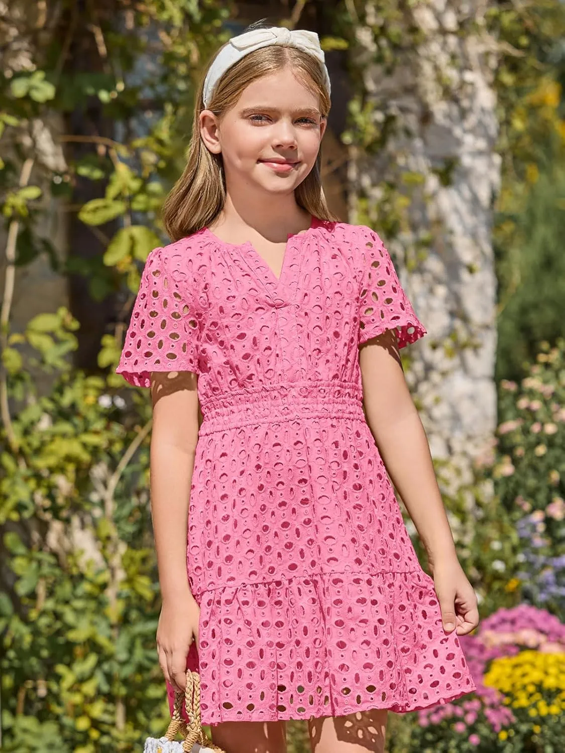 Haloumoning Girls Summer Dresses Kids V Neck A Line Hollow Out Party Mini Dress for 5-14 Years
