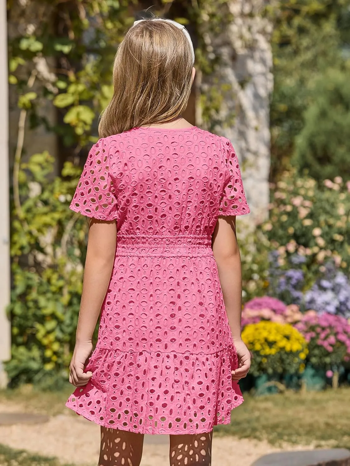 Haloumoning Girls Summer Dresses Kids V Neck A Line Hollow Out Party Mini Dress for 5-14 Years