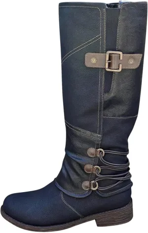 Hbeylia Boots For Women Vintage Fashion Casual Leather Round Tie Chunky Block Low Heels Motorcycle Riding Mid Calf Boots Retro Slip On Work Boots With Metal Buckle Winter Short Boots For Ladies