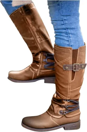 Hbeylia Boots For Women Vintage Fashion Casual Leather Round Tie Chunky Block Low Heels Motorcycle Riding Mid Calf Boots Retro Slip On Work Boots With Metal Buckle Winter Short Boots For Ladies