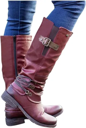 Hbeylia Boots For Women Vintage Fashion Casual Leather Round Tie Chunky Block Low Heels Motorcycle Riding Mid Calf Boots Retro Slip On Work Boots With Metal Buckle Winter Short Boots For Ladies