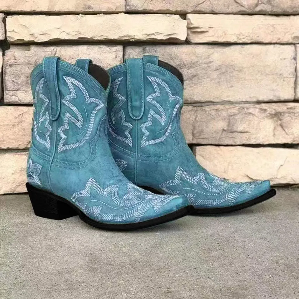 Hbeylia Cowboy Boots For Women Vintage Embroidery Pointed Toe Chunky Mid-Heels Western Cowgirls Boots Retro Slip On Wide Mid Calf Boots Riding Knight Ankle Booties