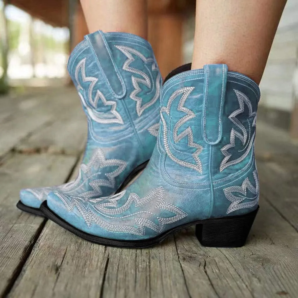 Hbeylia Cowboy Boots For Women Vintage Embroidery Pointed Toe Chunky Mid-Heels Western Cowgirls Boots Retro Slip On Wide Mid Calf Boots Riding Knight Ankle Booties