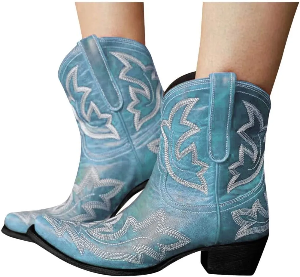 Hbeylia Cowboy Boots For Women Vintage Embroidery Pointed Toe Chunky Mid-Heels Western Cowgirls Boots Retro Slip On Wide Mid Calf Boots Riding Knight Ankle Booties