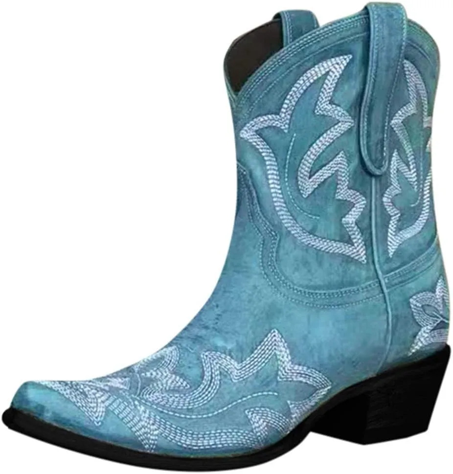 Hbeylia Cowboy Boots For Women Vintage Embroidery Pointed Toe Chunky Mid-Heels Western Cowgirls Boots Retro Slip On Wide Mid Calf Boots Riding Knight Ankle Booties