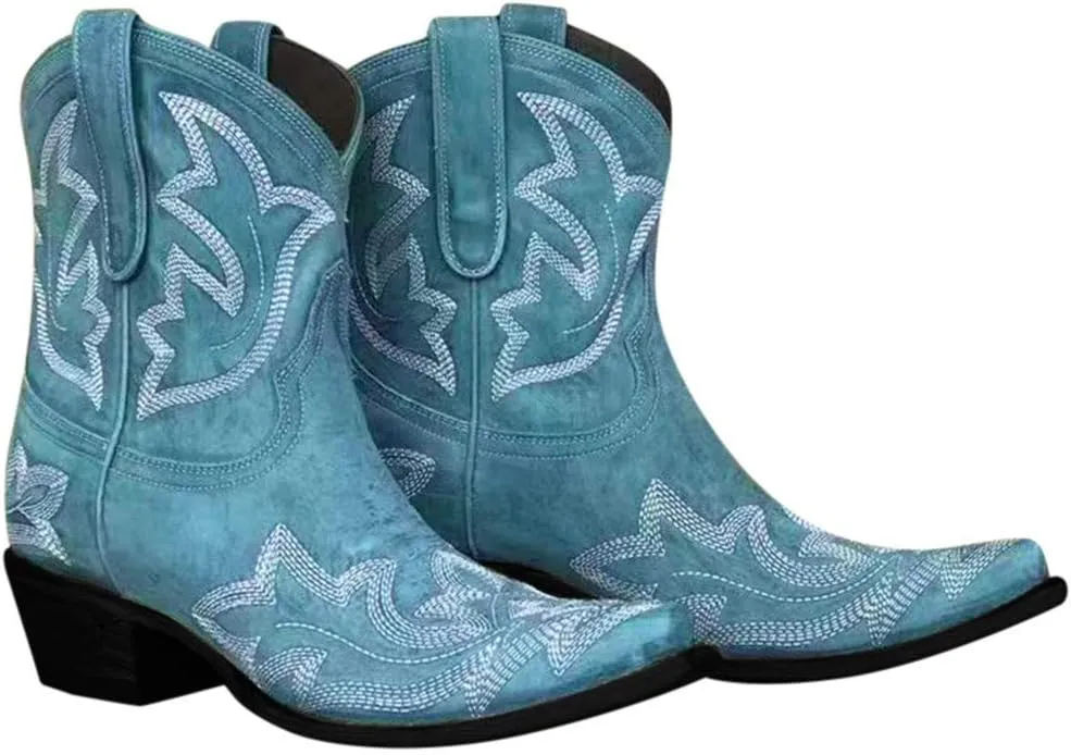 Hbeylia Cowboy Boots For Women Vintage Embroidery Pointed Toe Chunky Mid-Heels Western Cowgirls Boots Retro Slip On Wide Mid Calf Boots Riding Knight Ankle Booties