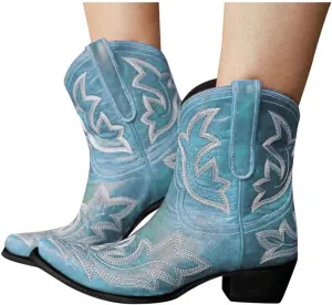 Hbeylia Cowboy Boots For Women Vintage Embroidery Pointed Toe Chunky Mid-Heels Western Cowgirls Boots Retro Slip On Wide Mid Calf Boots Riding Knight Ankle Booties