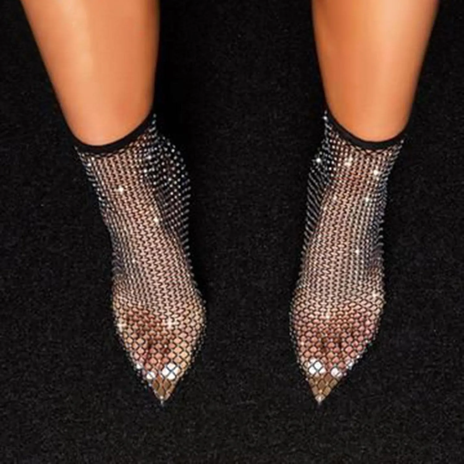 Hbeylia Dress Pump Boots For Women Lady Sexy Fashion Transparent Black Sheer Mesh Glitter Rhinestones Pointed Toe Stiletto High Heels Ankle Booties Clear Mid Calf Short Boots For Wedding Banquet Party