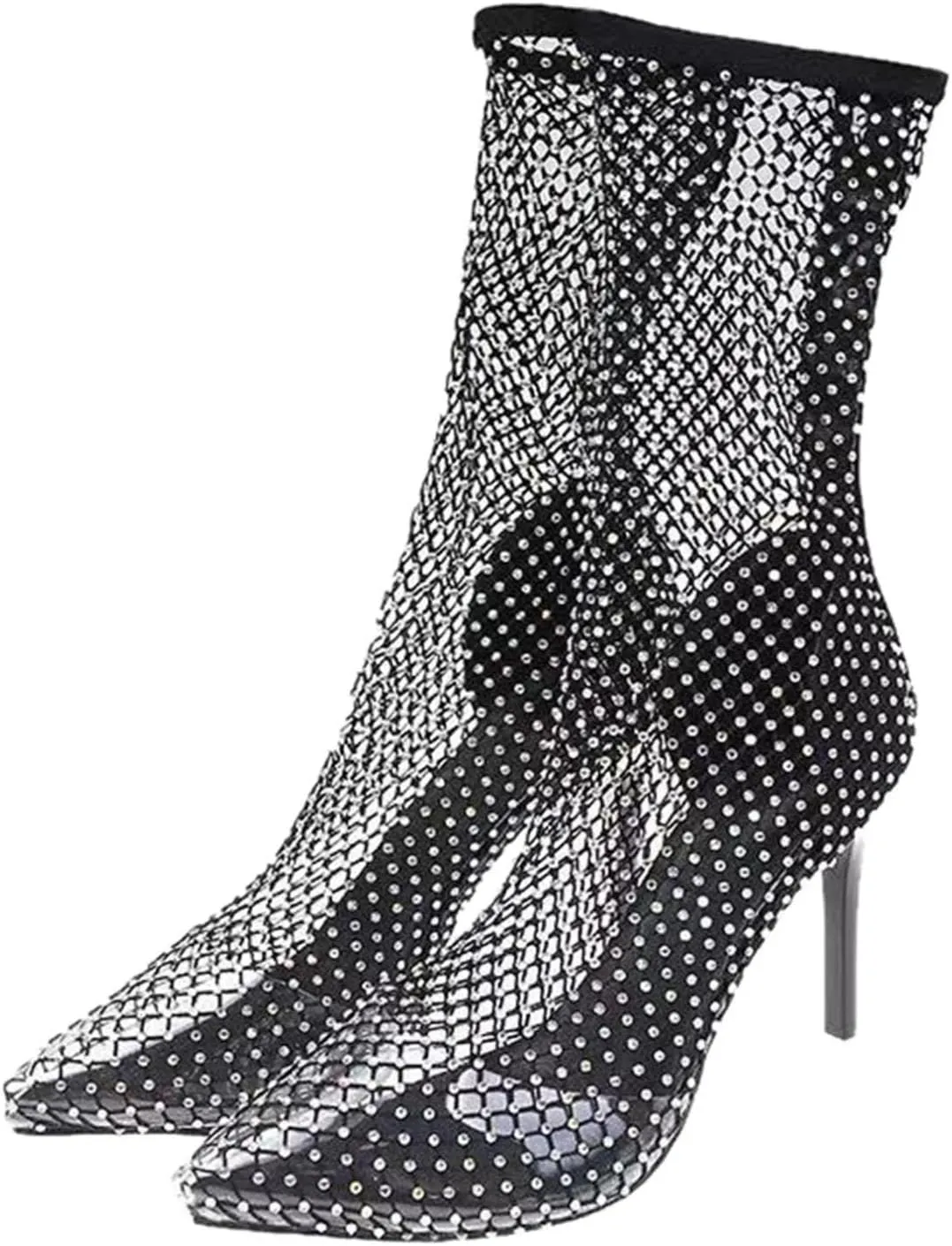 Hbeylia Dress Pump Boots For Women Lady Sexy Fashion Transparent Black Sheer Mesh Glitter Rhinestones Pointed Toe Stiletto High Heels Ankle Booties Clear Mid Calf Short Boots For Wedding Banquet Party