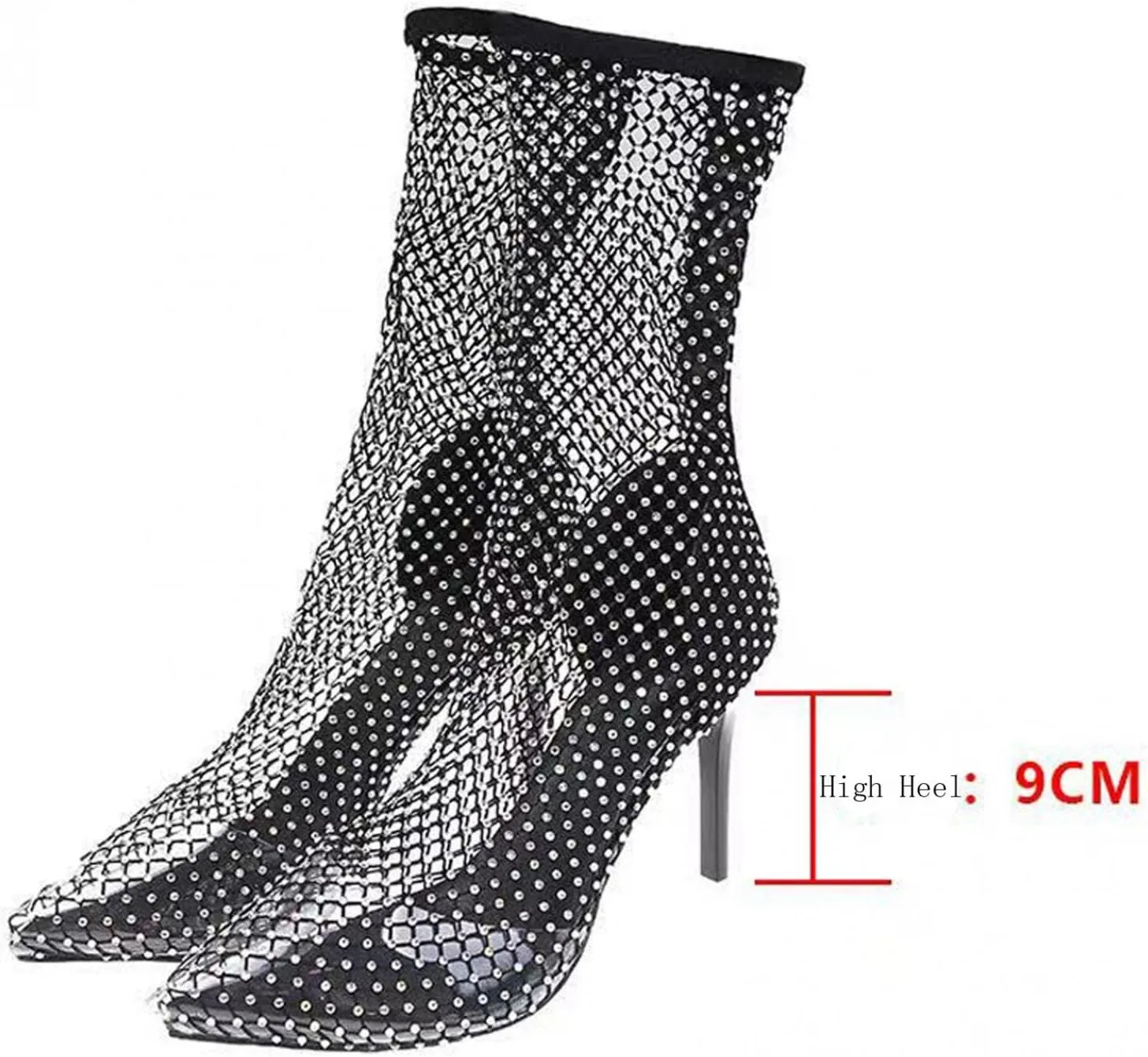 Hbeylia Dress Pump Boots For Women Lady Sexy Fashion Transparent Black Sheer Mesh Glitter Rhinestones Pointed Toe Stiletto High Heels Ankle Booties Clear Mid Calf Short Boots For Wedding Banquet Party