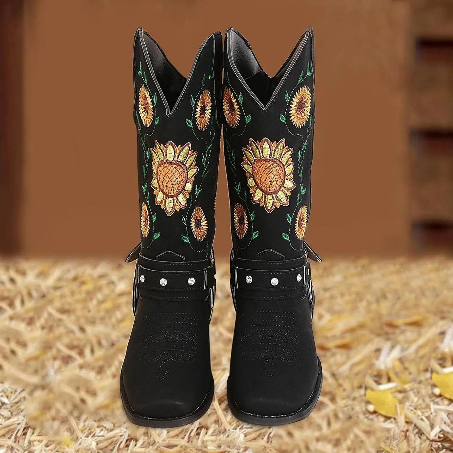 Hbeylia Ethnic Vintage Cowboy Cowgirls Boots For Women Ladies Sunflower Embroidered Fashion Casual Retro Rhinestones Square Toe Chunky Mid Heels Wide Calf Knight Riding Dress Short Boots Boho Beach