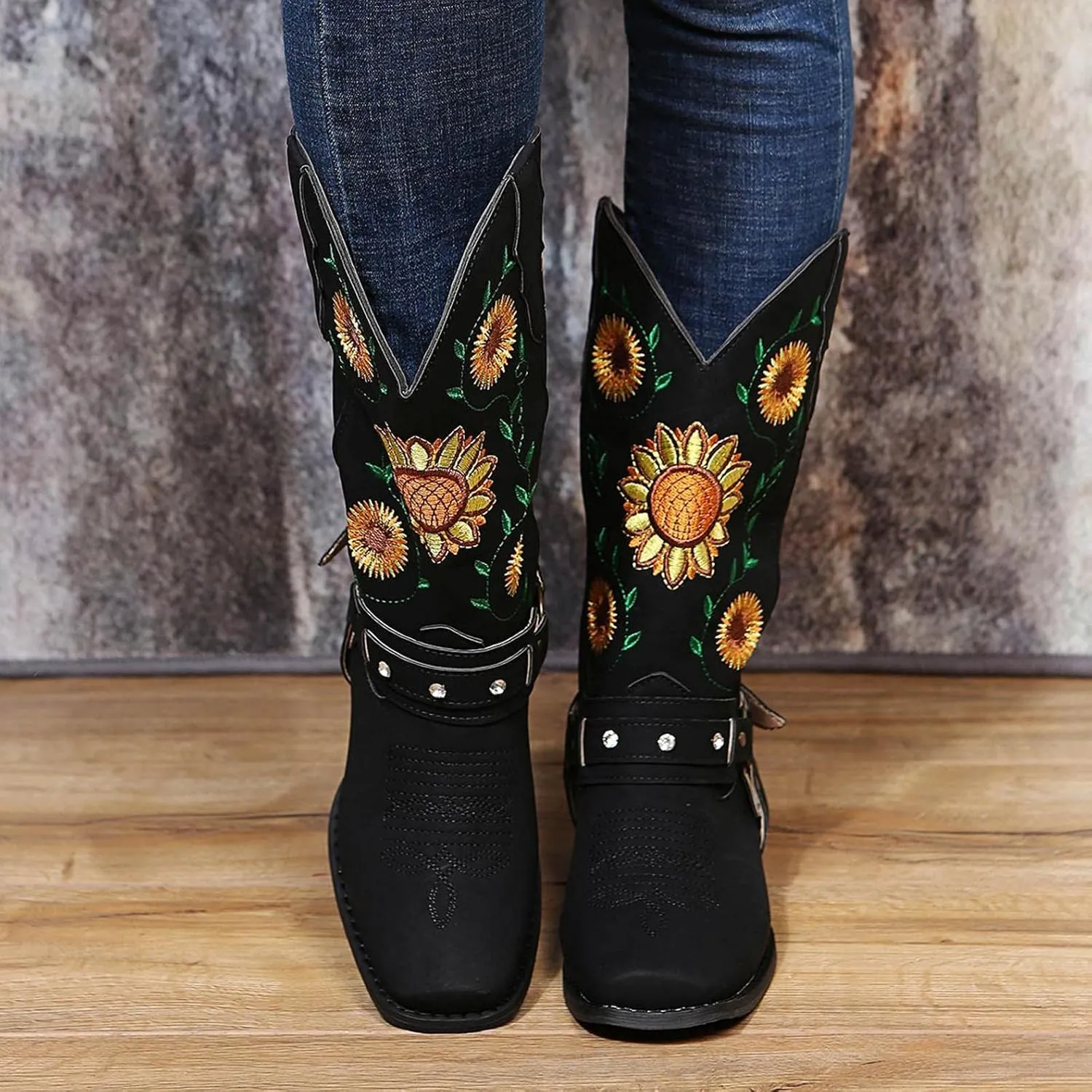 Hbeylia Ethnic Vintage Cowboy Cowgirls Boots For Women Ladies Sunflower Embroidered Fashion Casual Retro Rhinestones Square Toe Chunky Mid Heels Wide Calf Knight Riding Dress Short Boots Boho Beach