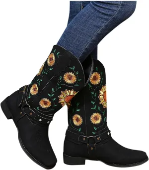 Hbeylia Ethnic Vintage Cowboy Cowgirls Boots For Women Ladies Sunflower Embroidered Fashion Casual Retro Rhinestones Square Toe Chunky Mid Heels Wide Calf Knight Riding Dress Short Boots Boho Beach