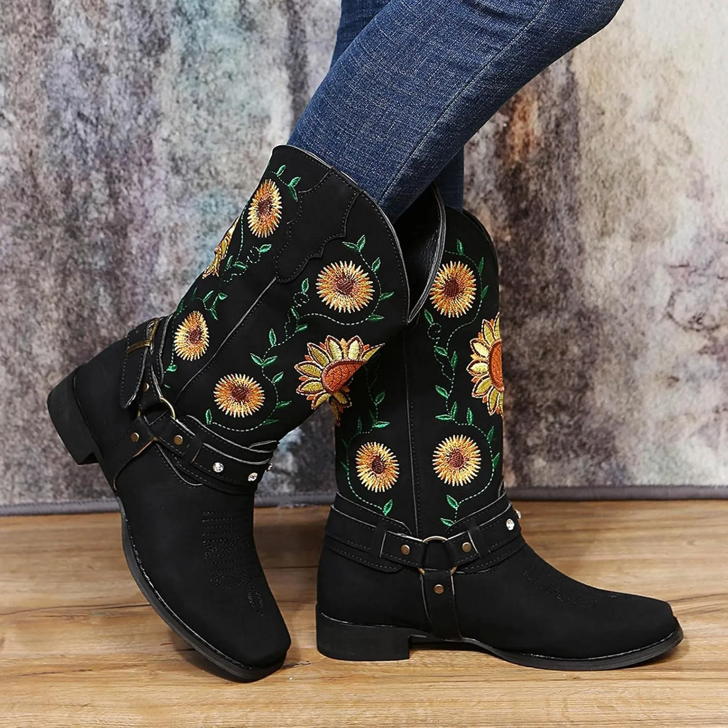 Hbeylia Ethnic Vintage Cowboy Cowgirls Boots For Women Ladies Sunflower Embroidered Fashion Casual Retro Rhinestones Square Toe Chunky Mid Heels Wide Calf Knight Riding Dress Short Boots Boho Beach