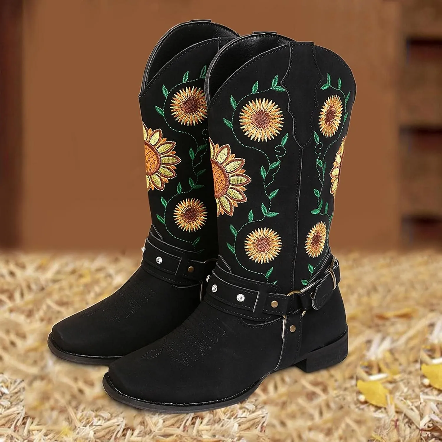 Hbeylia Ethnic Vintage Cowboy Cowgirls Boots For Women Ladies Sunflower Embroidered Fashion Casual Retro Rhinestones Square Toe Chunky Mid Heels Wide Calf Knight Riding Dress Short Boots Boho Beach