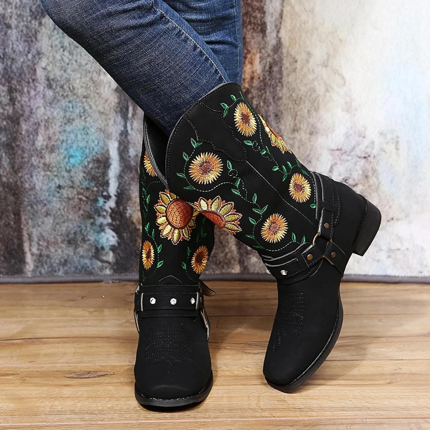 Hbeylia Ethnic Vintage Cowboy Cowgirls Boots For Women Ladies Sunflower Embroidered Fashion Casual Retro Rhinestones Square Toe Chunky Mid Heels Wide Calf Knight Riding Dress Short Boots Boho Beach