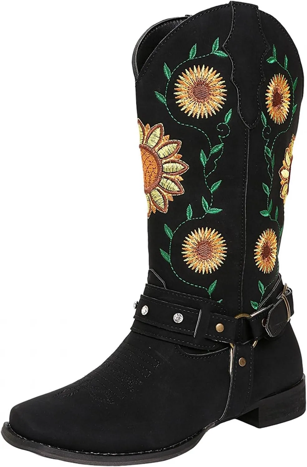 Hbeylia Ethnic Vintage Cowboy Cowgirls Boots For Women Ladies Sunflower Embroidered Fashion Casual Retro Rhinestones Square Toe Chunky Mid Heels Wide Calf Knight Riding Dress Short Boots Boho Beach
