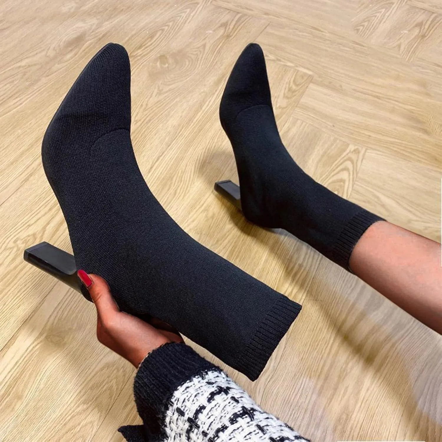 Hbeylia high heels dress boots for women ladies fashion casual stretch knit pointed toe dressy pump ankle booties comfort sexy winter fall slip on sock mid calf short boots for wedding christmas party