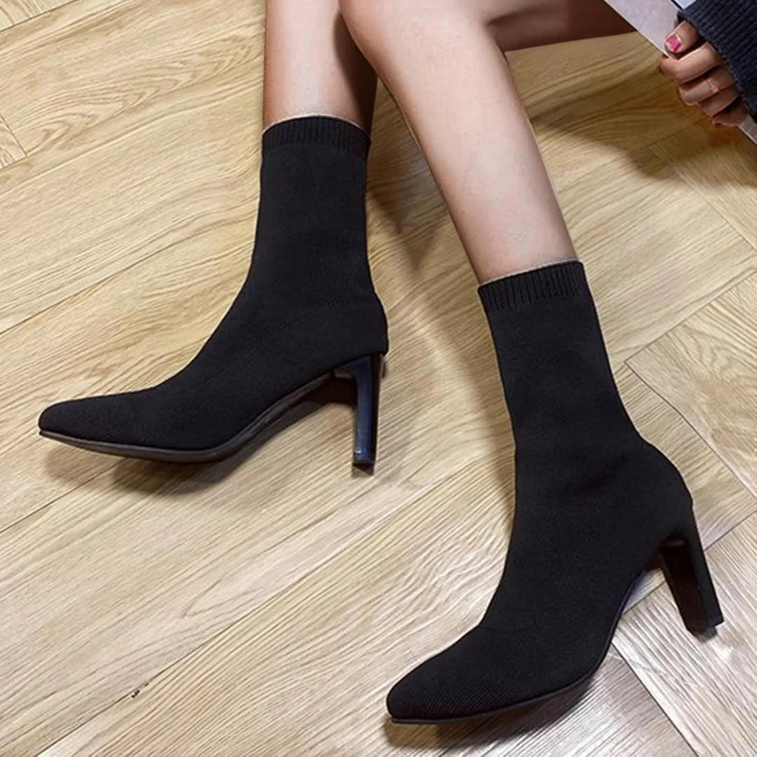 Hbeylia high heels dress boots for women ladies fashion casual stretch knit pointed toe dressy pump ankle booties comfort sexy winter fall slip on sock mid calf short boots for wedding christmas party